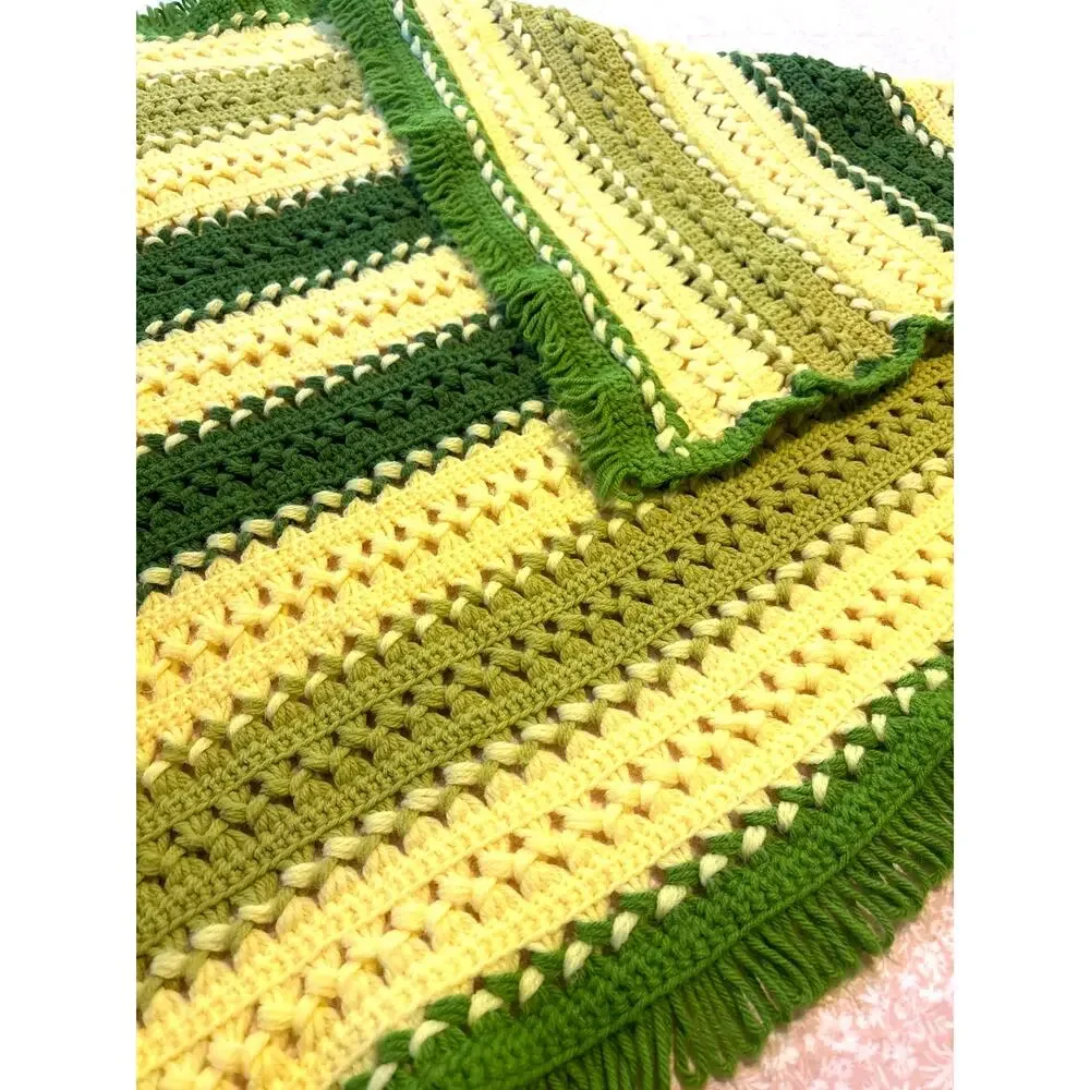 Vintage Hand Crocheted Afghan Greens Fringe BOHO Stripes Small Blanket Throw